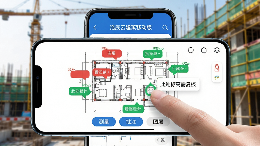 主体:一部智能手机横屏显示浩辰云建筑移动端界面,界面中打开了一个建筑总平面图,图上标注着红色和绿色的批注气泡。布局:手机位于画面中央,背景为模糊的工地实景,有塔吊和脚手架。排版:手机屏幕上方显示“浩辰云建筑移动版”,下方有“测量”“批注”“图层”等按钮。风格:写实与科技结合,光线充足。细节:手指正在点击屏幕上的一个批注气泡,弹出文字框内容为“此处标高需复核”。画质:高清晰度,微距效果,焦点清晰。