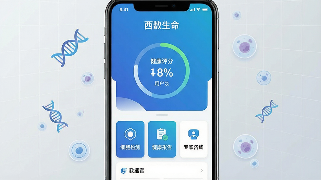 一张智能手机屏幕占据画面中心,屏幕内清晰展示“西数生命”APP的首页界面,界面风格简洁现代,以蓝白渐变为主色调,上方显示用户健康评分圆形图表,下方排列着“细胞检测”、“健康报告”、“专家咨询”等功能卡片,手机周围漂浮着微小的DNA双螺旋结构和细胞图标,背景为浅灰色的科技感渐变网格,整体布局干净明亮,扁平化设计风格,注重界面细节,画面干净,无多余元素