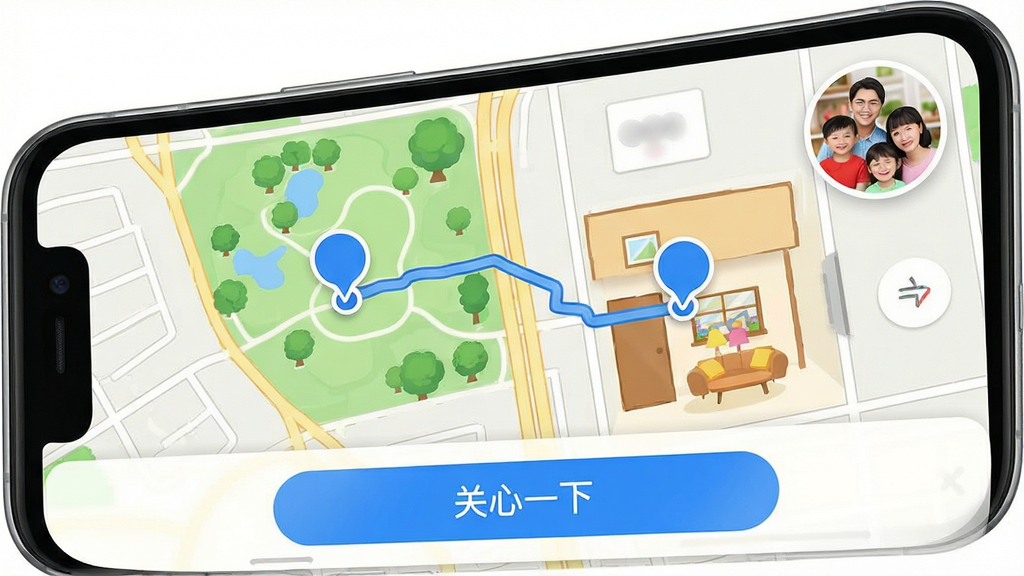 主体:手机地图界面显示两个家庭成员的位置图标,一个在公园,一个在家。布局:手机全屏展示地图,右上角有家人头像小窗。排版:地图上有一条蓝色路线连接两个位置,底部有