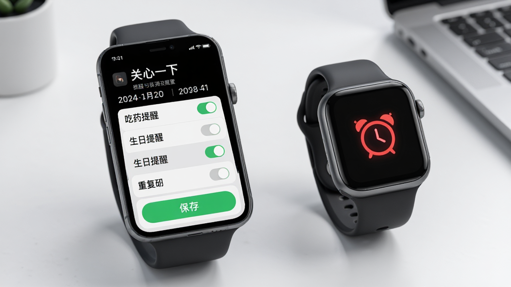 主体:智能手表与手机并排展示,手机屏幕显示
