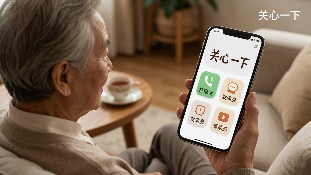 主体:一位老人拿着手机,屏幕显示