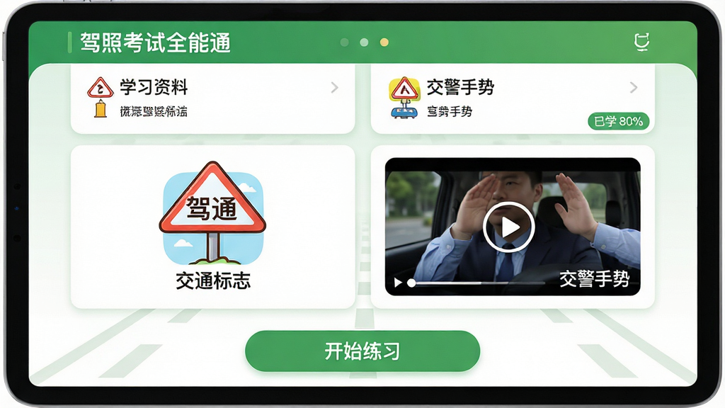 ���壺ƽ���豸չʾ�����տ���ȫ��ͨ��ר����ϰҳ�棬���Ϊ����ͨ��־����ͨͼ�꣬�Ҳ�Ϊ���������ơ���Ƶ����ͼ�����֣����½ṹ���Ϸ�Ϊѧϰ���Ͽ�Ƭ���·�Ϊ��ʼ��ϰ��ť���Ű棺���Ͽ���������Ŀ�������У���Ƶ����ͼ�����Ű�ť����񣺽���ѧϰ�����ɫ���ɫΪ��ɫ����ϸ�ڣ���Ƭ���½���ʾ����ѧ 80%������ťΪԲ����ɫ�������е�·�������졣���ʣ�ϸ����Ⱦ���ɾ����ࡣ