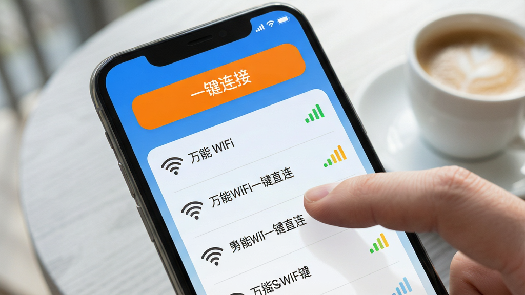 �����ֻ���д���棬��Ļ����չʾɨ�赽��WiFi�б���ÿ���Ա����ź�ǿ��ͼ�꣬��������Ŀ�ĳ�ɫ��һ�����ӡ���ť����ָ����ť���������Ϊǳ��ɫľ����һ�����ȣ�����������ͣ�ϸ�������������������죬��Ļ������Ϊ������WiFiһ��ֱ����