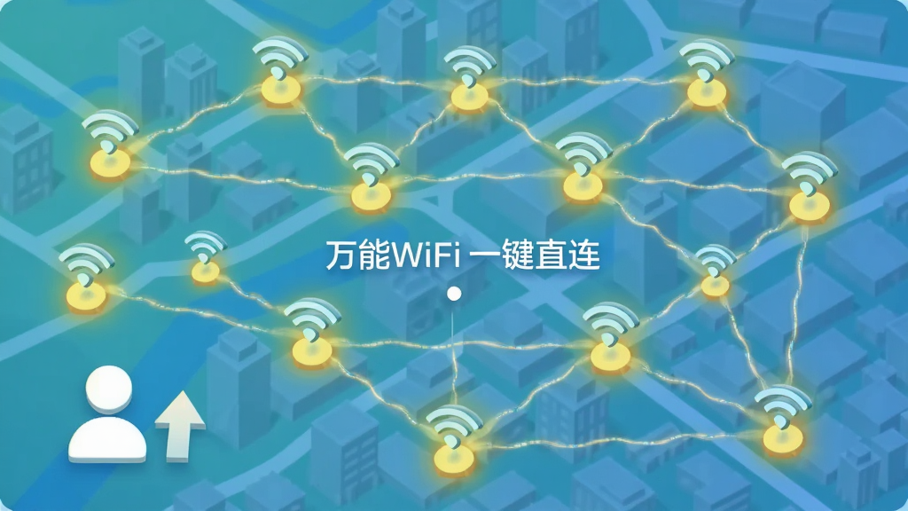 ���е�ͼ���ӻ��棬��ͼ��ɢ�����������WiFi�ȵ��ǵ㣬�ȵ�֮���ù������ӳ������������½���һ������ͼ�����ϴ���ͷ������Ϊ��͸�����н������������ƫ��ƽ�廭���3D��Ч��ɫ���������£���ͼ���븡��С�֡�����WiFiһ��ֱ����
