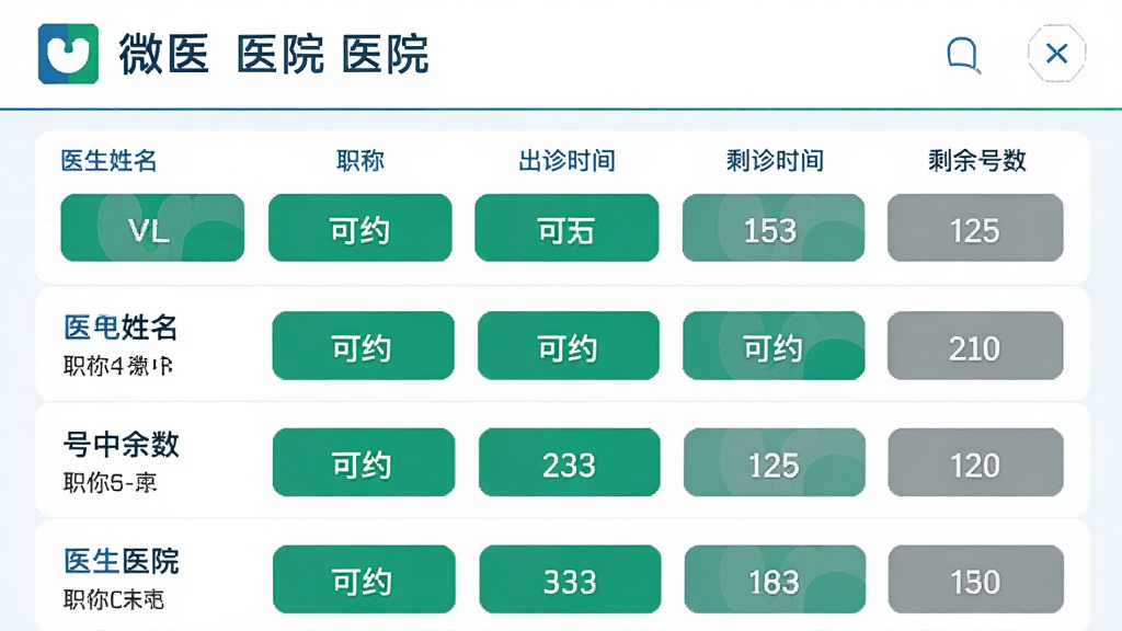 微医医院号源选择界面,展示某三甲医院不同科室的号源余数,绿色表示可约,灰色表示约满,界面顶部显示医院名称和“微医”品牌标识,下方列表清晰展示医生姓名、职称、出诊时间和剩余号数,整体设计简洁直观,蓝色和绿色点缀,扁平化风格,高画质,干净无多余元素