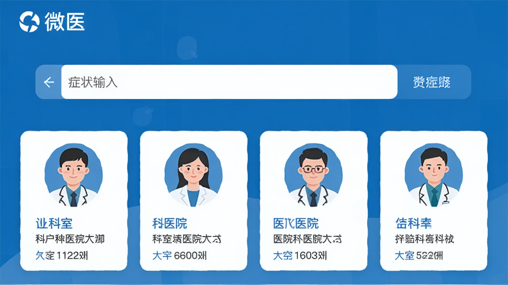 微医智能分诊功能页面,用户输入症状后系统推荐科室和医生列表,界面风格简洁,蓝色主题基调,上方有“微医”字样和症状输入框,下方展示医生卡片,卡片包含头像、科室、医院和职称,整体布局清晰,信息层级分明,扁平化插画风格,高画质,干净无多余元素