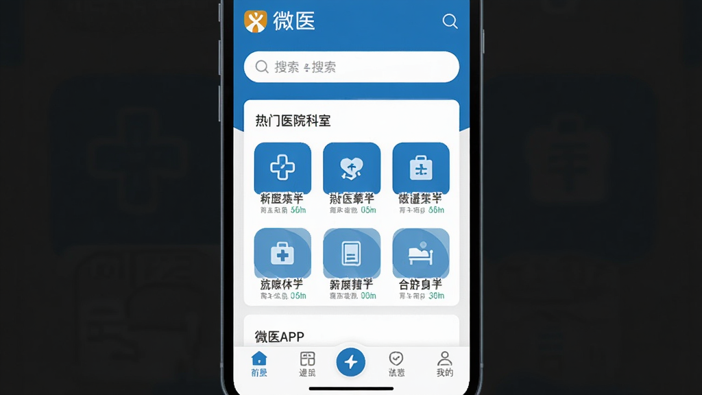 一张展示微医APP主界面的截图风格图片,界面包含“微医”LOGO、顶部搜索栏、中部热门医院科室图标、底部导航栏,整体以蓝色和白色为主色调,扁平化设计,干净整洁,高画质,无多余元素