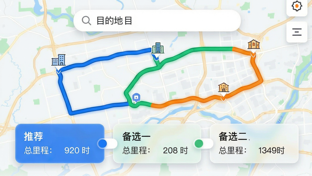 ���壺����App��·�߹滮���ܽ���չʾ��������ʾ��ͼ����������ͬ��ɫ���Ƽ�·�ߡ����֣���ͼռ�ݱ�����ǰ���ײ��к��򻬶���·�߶Աȿ�Ƭ���ֱ���ʾ���Ƽ���������ѡһ��������ѡ�������Ű棺��ͼ�Ϸ�������������ʾĿ�ĵأ���Ƭ��������ע���Ե��������Ԥ����ʱ����񣺽�����Ƽ��ֱ�ۣ���Ϣ�㼶���������ð�͸��ë����Ч����Ƭ��ϸ�ڣ���ͬ·���������̡�����ɫ�������֣�����ע��;�ؼ��رꡣ���ʣ�����UI���ͼ���ɾ����޶���Ԫ�ء�