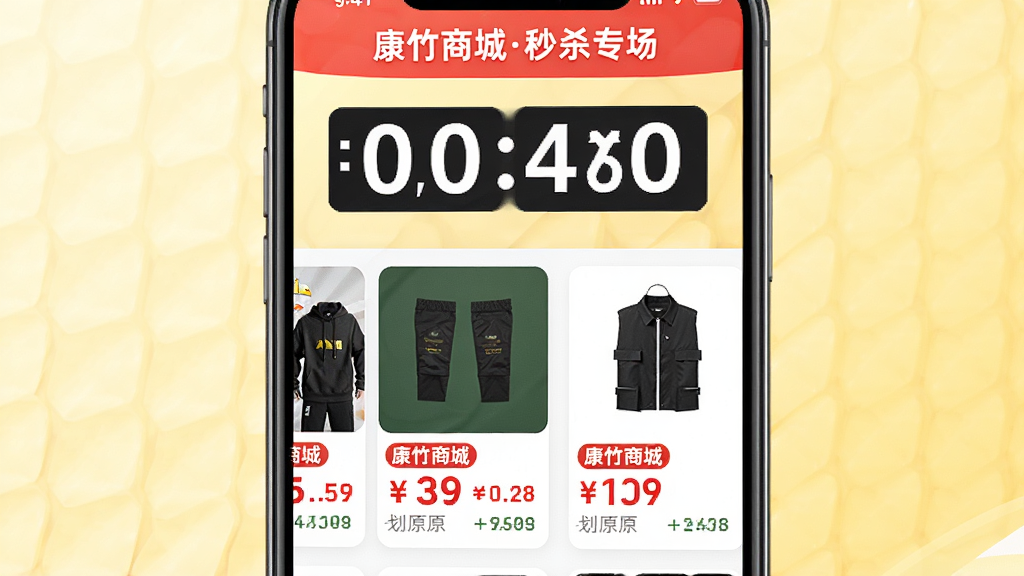 ���壺�����̳�APP����ʱ��ɱ�ҳ�棬ҳ���Ϸ��е���ʱ���֣��·����м�����Ʒ��Ƭ�������ۿۼ��뻮��ԭ�ۡ����֣��ֻ�������ͼ��������У�����Ϊ����ɫ���䡣�Ű棺��Ʒ��Ƭ���򻬶���������ˡ���񣺴��������ɫ����ͻ�����۸�����ʹ�ú�ɫ�Ӵ֡�ϸ�ڣ�ҳ�涥����ʾ�������̳���ɱר��������ƷͼƬ�������޶���Ԫ�ء����ʣ����壬ϸ��������ɫ�ʱ��͡�