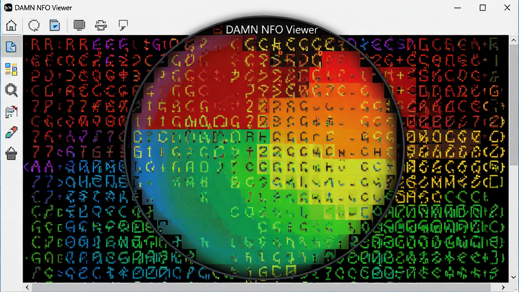 主体:DAMN NFO Viewer 软件界面放大细节图,展示复杂彩色ASCII字符画。布局:整个画面为软件内容区,字符画占满屏幕中心,四周有工具栏图标。排版:字符排列整齐,色彩过渡自然,红蓝黄绿等颜色层次分明。风格:扁平化界面搭配高对比度字符。细节:字符边缘平滑无锯齿,颜色精确无偏色。画质:高清细节丰富,干净无多余元素。