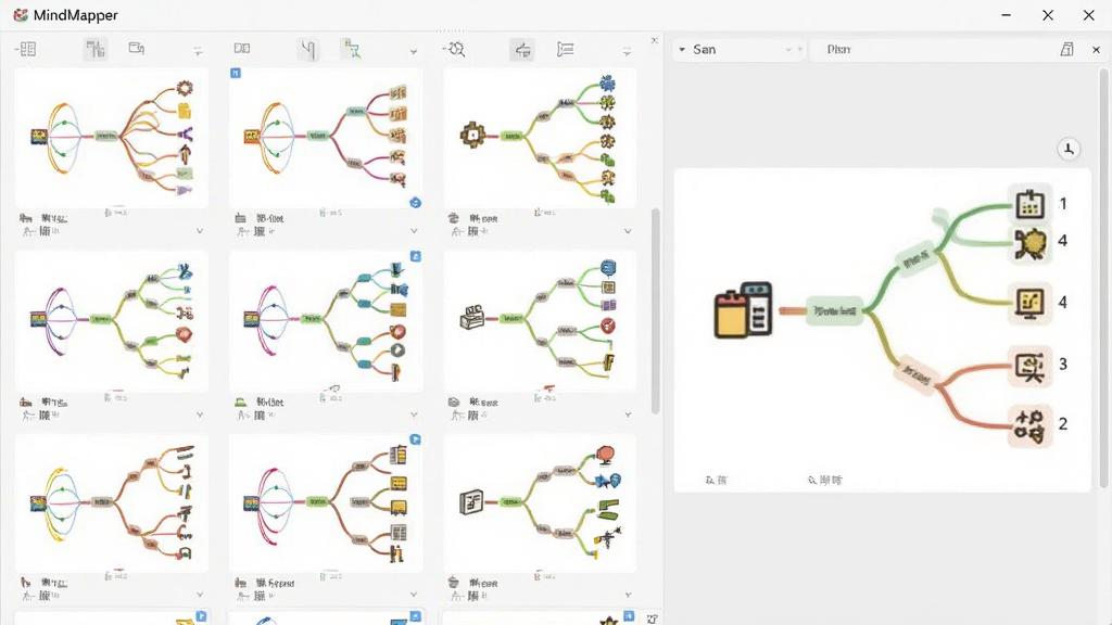 MindMapper����ģ��ѡ����棬չʾ�������ͼģ�壬ÿ��ģ�嶼�в�ͬ��ɫ�ķ�֧�ṹ��ͼ�꣬�Ҳ�ΪԤ���������ʸɾ���UI�������࣬�޶���Ԫ��