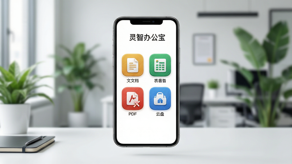 һ��չʾ���ǰ칫�����Ĺ��ܵĿ�������ͼ������Ϊһ�������ֻ������ڹ���̨���ϣ���Ļ��������ʾ�����ǰ칫���������棬��������ĵ�������PDF�������ĸ���ɫͼ�꣬������ģ�����ִ��칫�һ�������ɫֲ���׺�����岼�־��⣬����ƽ����������ϸ����ͻ��ͼ��ľ����ʸУ����ʸ���ɾ����޶���Ԫ��