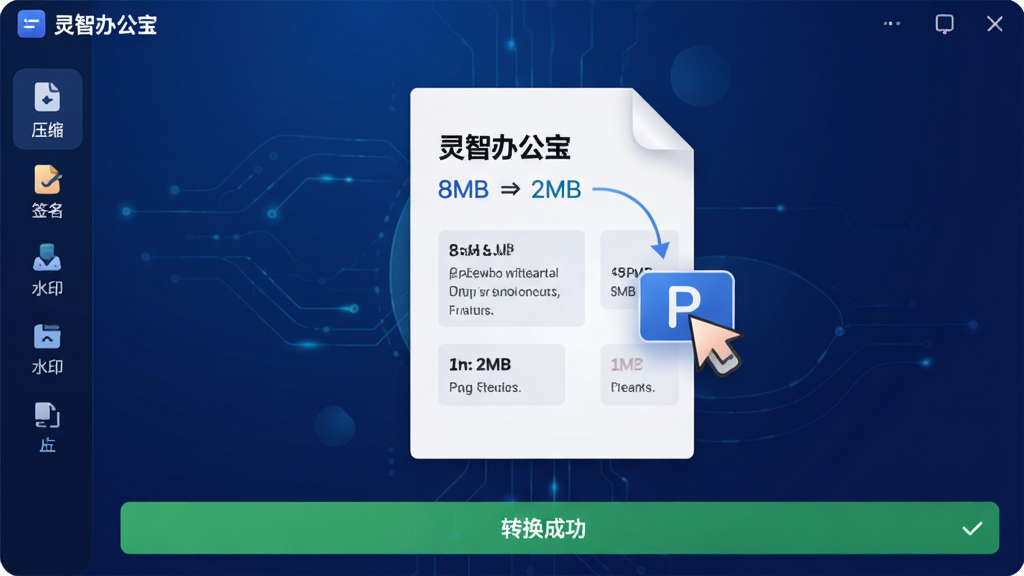 ���ǰ칫����PDF���߽���Ԥ��������Ϊ����ɫ���䣬������ʾһ��PDF�ļ����ڱ���קת����������Ź���������ѹ����ǩ����ˮӡ��ͼ�꣬�·��С�ת���ɹ�����ɫ��ʾ�������幹ͼ���пƼ��У��Ű����������רҵ��ϸ��չʾ�ļ������8MB��Ϊ2MB�����ݶԱȣ�����ϸ��ɾ����޶���Ԫ��