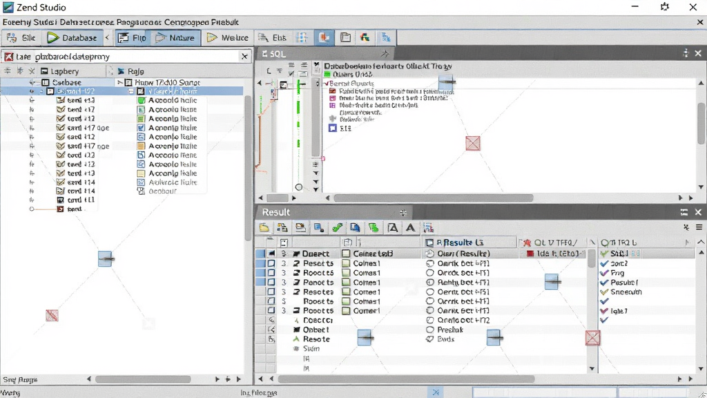 Zend Studio数据库资源管理器视图,显示数据库表结构,SQL查询编辑器,查询结果表格,图形化界面,风格简洁,细节清晰