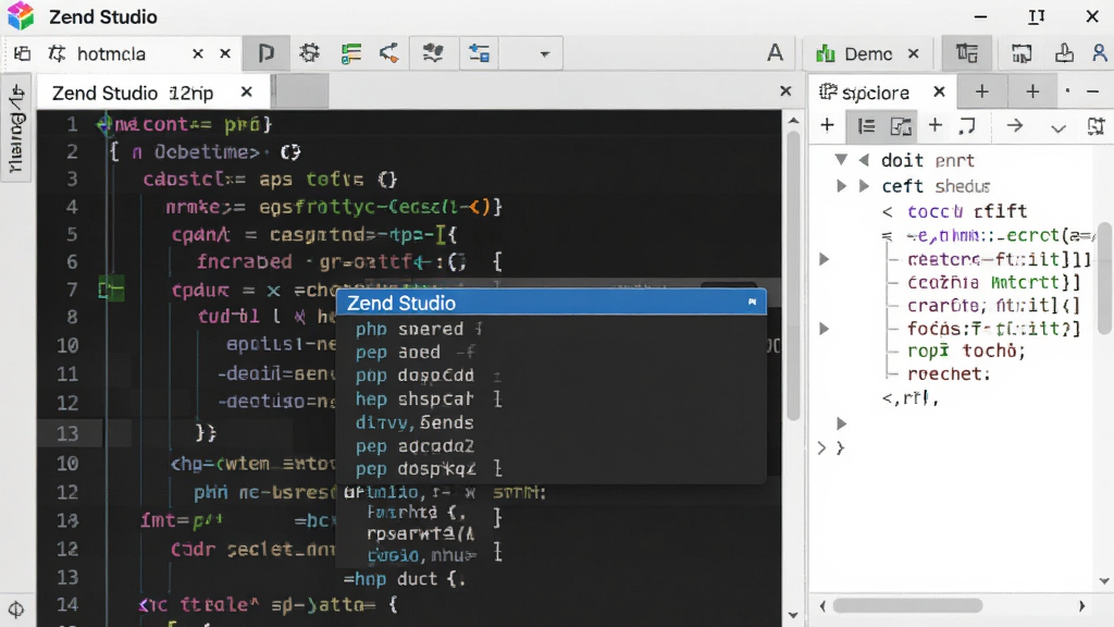 Zend Studio代码编辑器特写,显示PHP代码自动补全下拉列表,彩色语法高亮,右侧有代码大纲视图,背景浅色,界面干净清晰,画质高