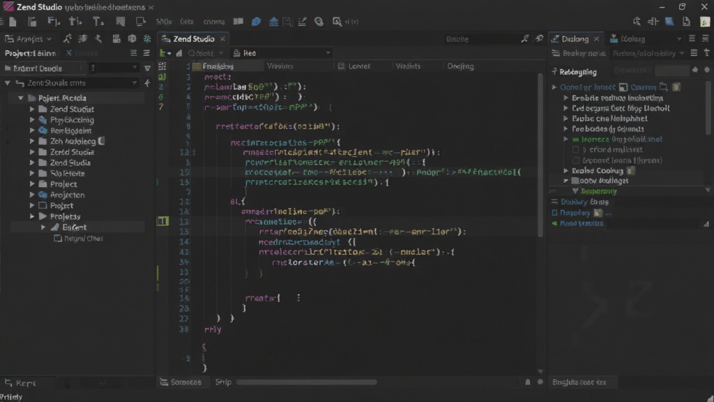 Zend Studio主界面,左侧项目浏览器,中间代码编辑器,右侧调试面板,深色主题,代码高亮显示PHP语法,整体布局清晰专业,画质干净无多余元素