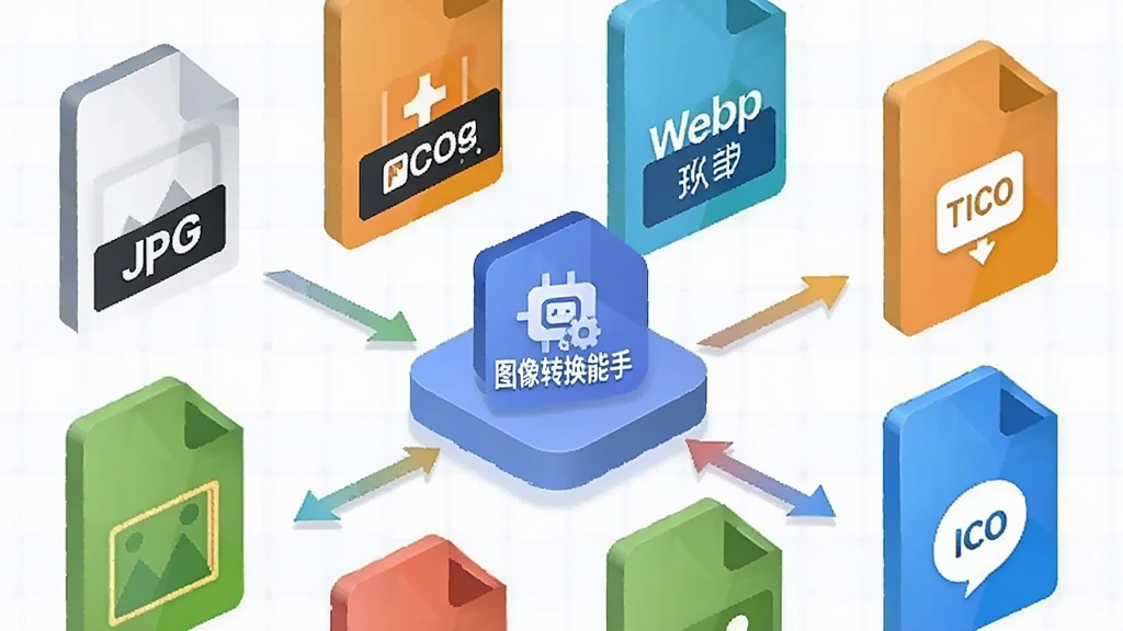 A flat-lay composition of various image format file icons like JPG, PNG, WebP, ICO, TIFF surrounding a central hub icon labeled 