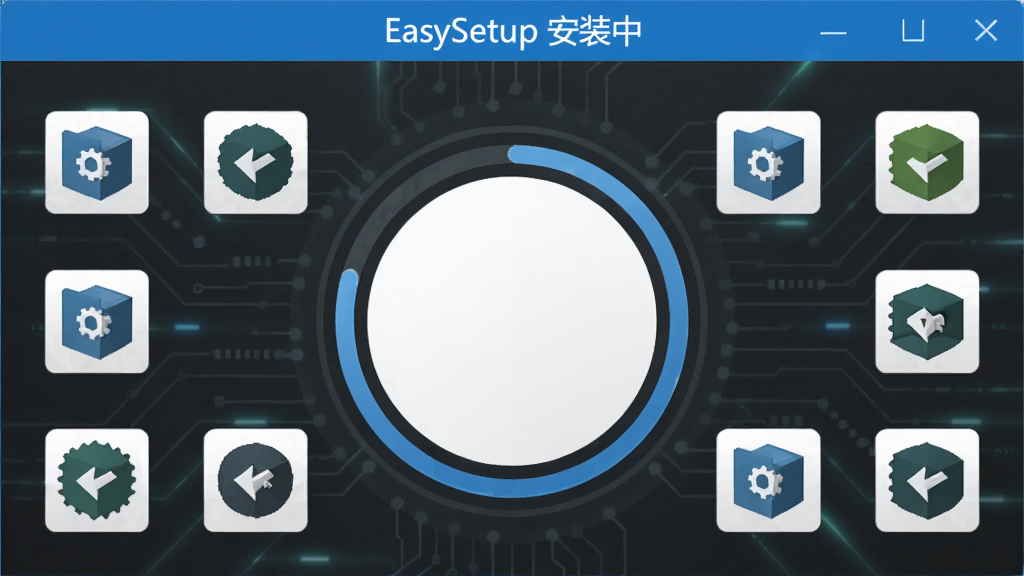EasySetup ��������ִ�о�Ĭ��װ�Ľ��棬��Ļ������ʾһ�����͵�Բ�ν���ָʾ������Χ�����Ŷ��С�͵�����ͼ�꣬����Ϊ���ɫ�Ƽ��з�񣬶����С�EasySetup ��װ�С�����ɫ���⣬�Ű����룬ϸ�����������ʸɾ��޶���Ԫ��