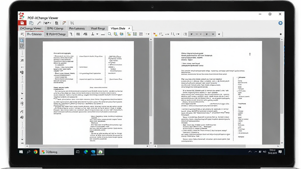 ͼƬչʾһ̨�ʼǱ�������Ļ�ϰ벿����ʾPDF-XChange Viewer���棬�������ж��ǩҳ�򿪵�PDF�ĵ����ĵ�������������������������Ϊ�������泡�������дʵ��ϸ�ڰ���������ͼ�����ǩҳ�����������������ɾ��޶���Ԫ��
