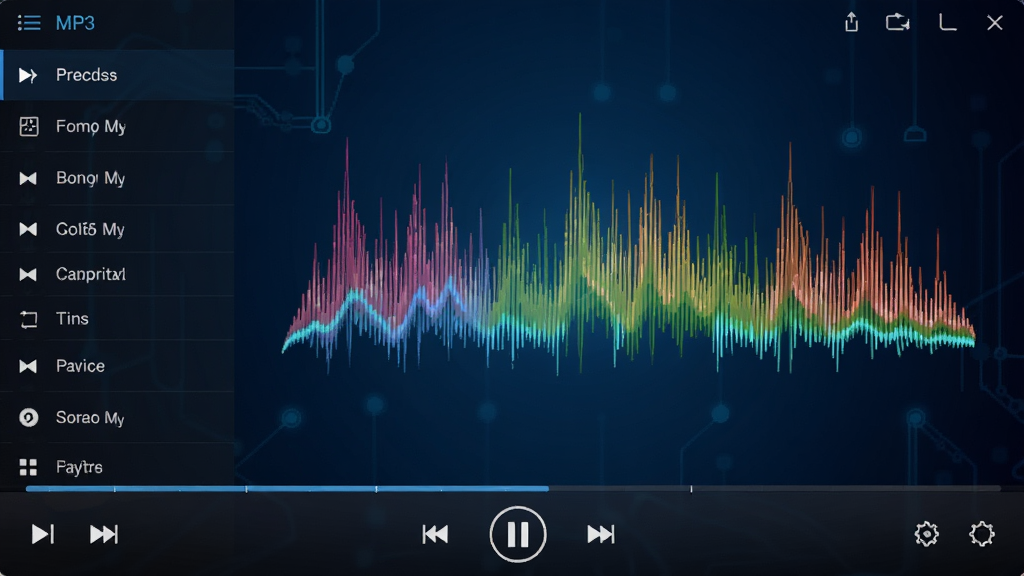 Visual MP3��Ƶ���Ź�����д������������ʾ��ɫ����Ƶ�׶�̬����������Ϊ����ɫ���䣬�����ʾ�����б����ײ�Ϊ���ſ����������Ƽ��У������������ɾ��޶���Ԫ��