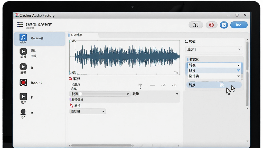 ���壺Okoker Audio Factory����������չʾ�ڵ�����Ļ�ϣ��������ִ���������Ƶת�����༭��¼�Ƶȹ���ͼ�꣬���ֺ������Ű棺��๦�����б����Ҳ������������Ϸ�Ϊ�˵����볣�ÿ�ݰ�ť�����дʵ��ͼ�������չʾ��������ϸ�ڡ�ϸ�ڣ���Ļ����ʾ��Ƶ����ͼ���ʽת��ѡ����ָ����ͣ�ڡ�ת������ť�ϡ����ʣ��������ȣ��ɾ����޶���Ԫ�ء�