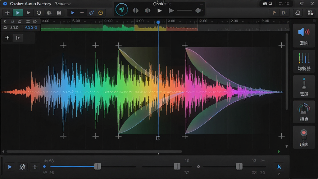 ���壺Okoker Audio Factory��Ƶ�༭�����棬������ʾ��ɫ��Ƶ����ͼ����Χ���Ʊ༭���߰�ť�����֣��Ϸ�Ϊ�˵���ʱ���ᣬ����Ϊ���α༭�����·�ΪЧ�����ڻ��ˡ����רҵDAW�����ɫ��������ɫ���Ρ�ϸ�ڣ�����ͼ�Ͽɼ��ü�����뵭�뵭�����ߣ��Ҳ๤�����С����족��������������ͼ�ꡣ���ʣ��������ȣ��ɾ����޶���Ԫ�ء�