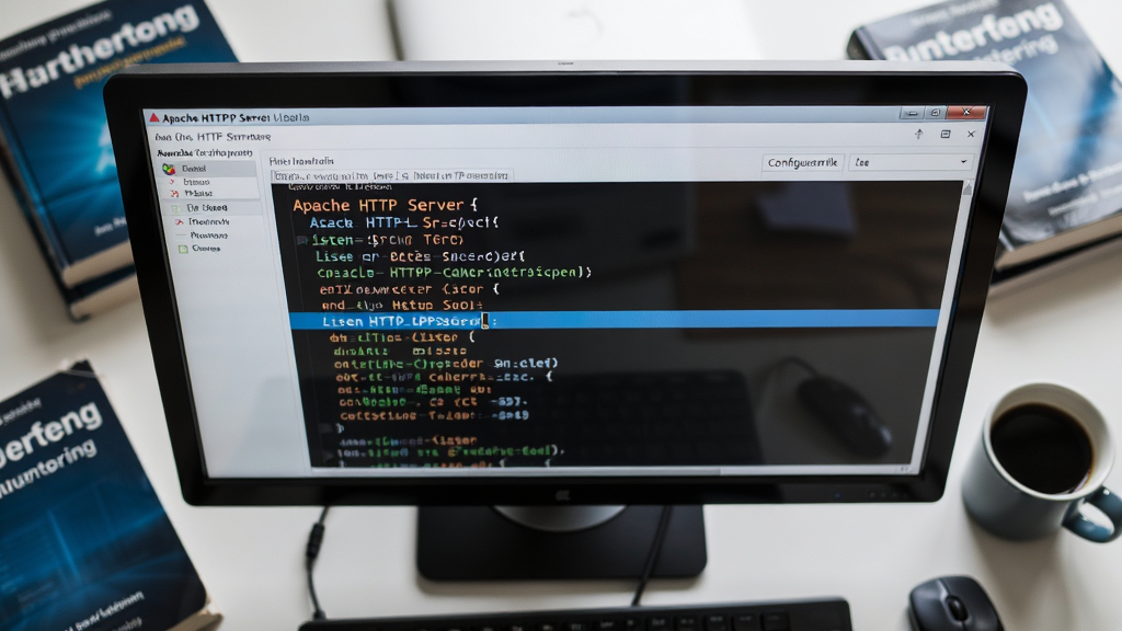 ����Ϊһ��������Ļ�ĸ���ͼ����Ļ����ʾApache HTTP Server�������ļ��༭���棬���ͣ����Listen���ϡ�����Ϊ��Ļ���У���Χɢ���ż�����ά�鼮��һ�����ȡ��Ű��ϣ���Ļ���������ɱ棬������������Ϊдʵ�������������͡�ϸ���ϣ���Ļ��Ե�з��⣬���̺������Լ�ɼ�������Ϊ������Ӱ������ɾ����޶���Ԫ�ء�