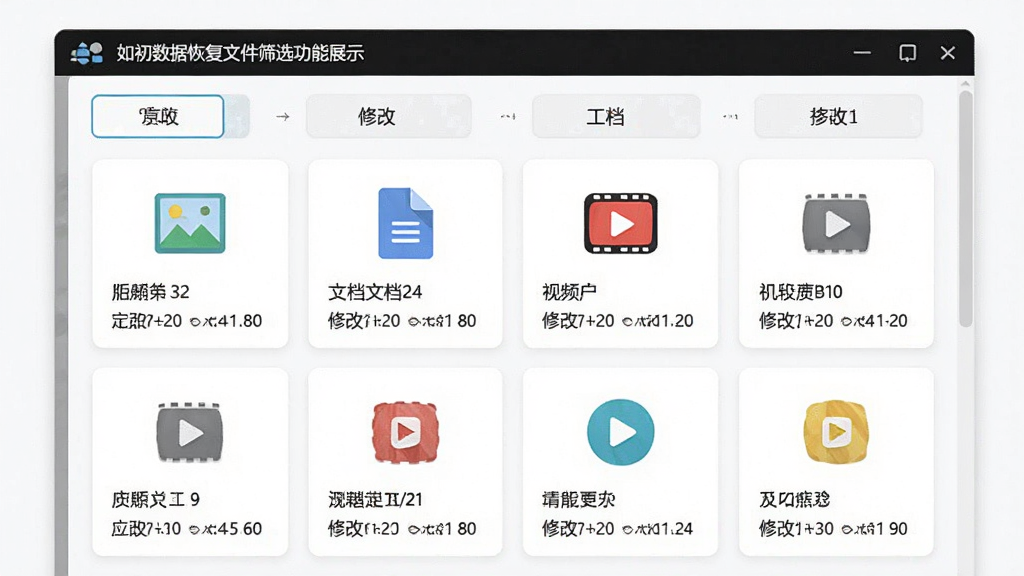 ������ݻָ��ļ�ɸѡ����չʾͼ������Ϊ�����ǩ���棬��ʾͼƬ���ĵ�����Ƶ��ͼ�꣬���ֲ���ƽ��ʽ��Ƭ��������¼�Լ��ϸ�ڰ����ļ���С���޸����ڣ����ʸɾ����޶���װ��