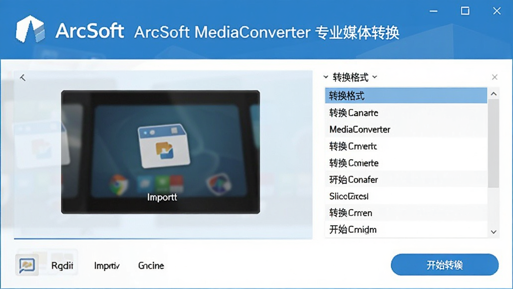 ArcSoft MediaConverter ������Ԥ��ͼ����ʾ����logo��ý���ļ���������ת����ʽ�б�����ʼת����ť���������ִ���������ɫ�����ֱ�ע��ArcSoft MediaConverter רҵý��ת�����������������ɾ��޶���Ԫ��