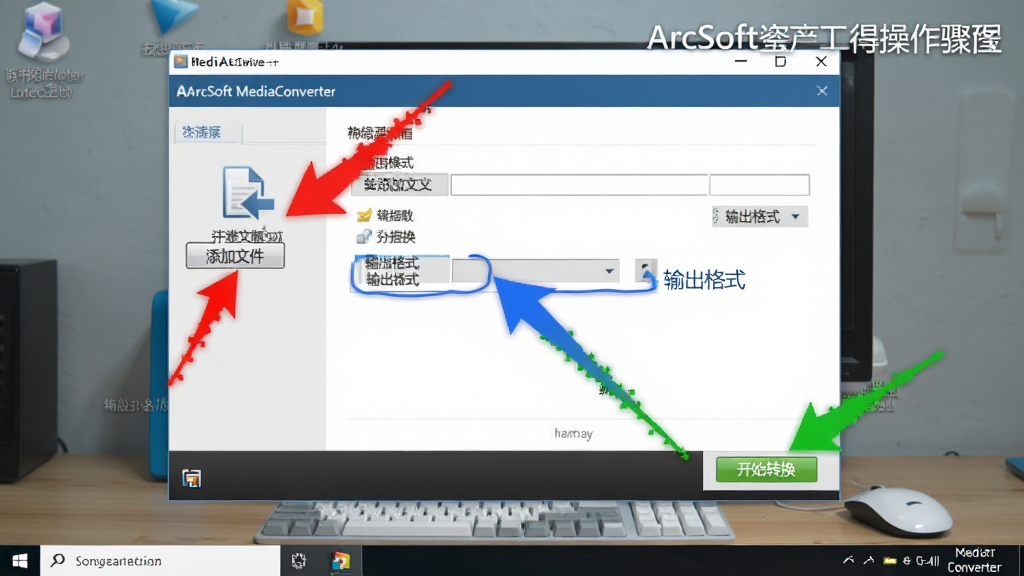 ArcSoft MediaConverter �����̳̲���ͼ��չʾ���������棬�ú�ɫ��ͷ��ע�������ļ�����ť����ɫ��ͷ��ע�������ʽ��������ɫ��ͷ��ע����ʼת������ť������Ϊ���棬������������������ˮӡλ�����Ͻǣ��޶���Ԫ��