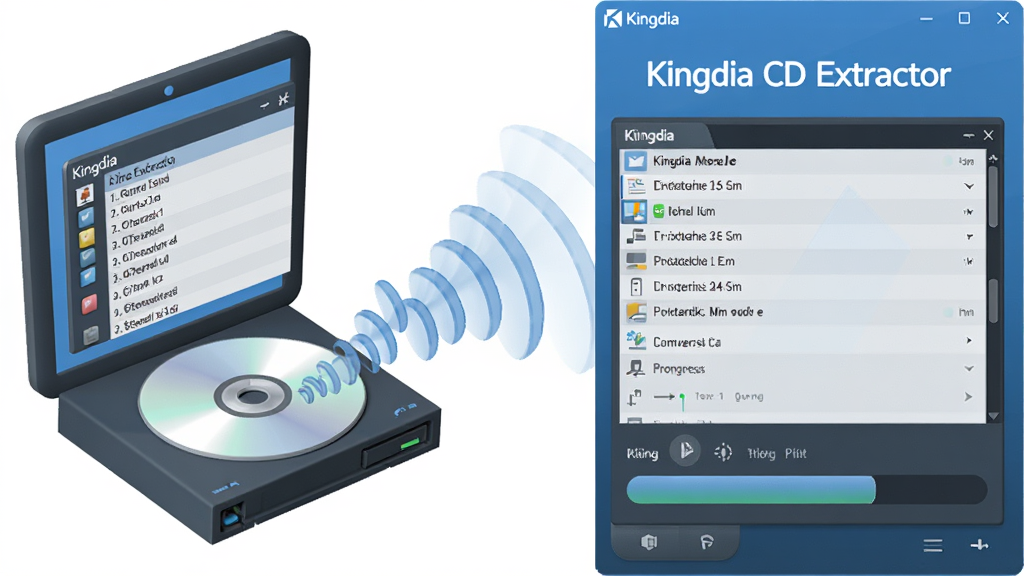 ���Ӿ�ͼ��չʾKingdia CD Extractor�������棬��������ʾCD���̲�����Թ����Ŀ�ͨʾ��ͼ��һ�������ӹ��̱����������ʼǱ�������Ļ����Ļ�пɼ������б���ת�������������岼��Ϊ��ͼ���ģ������3D���Ĺ�����������Ҳ��Ǽ�������������塣�����ñ�ƽ�������΢����У�����ɫ�����ɫΪ��ɫ�������ʸ��壬�ɾ����޶���Ԫ�ء�