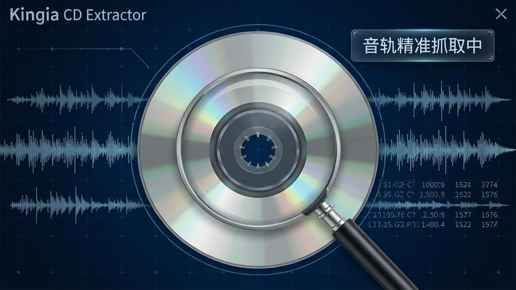 ������дͼ��չʾKingdia CD Extractor������ץȡ���̣�����Ϊһö��ת�е���ɫCD���̣����̱��汻�Ŵ󾵾۽�����Χ������ϸ�ܵ�������Ƶ�������ߺ������������Ͻ�������ʾ