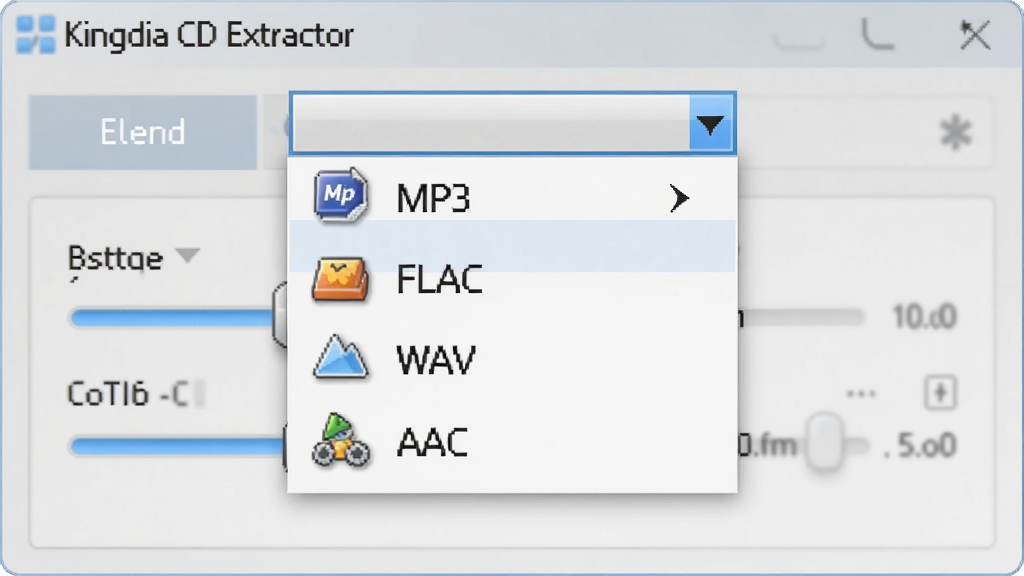 ��ʽת��ʾ��ͼ��չʾKingdia CD Extractor�����и�ʽѡ�������˵��ľֲ���д���˵����г�MP3��FLAC��WAV��AAC��ѡ�ÿ��ѡ�����ж�Ӧ��Сͼ�ꡣ����Ϊ��͸��������������壬�ɼ�������ڱ����ʡ��������������˵�Ϊ���ģ����������ʶ����ס���������죬����ǳ��ɫ����ɫ��׺�����ʸ��壬�ɾ����޶���Ԫ�ء�