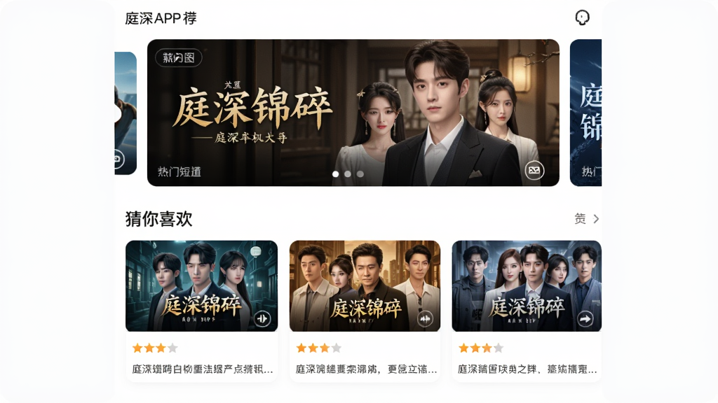 ��������Ϊͥ��APP���Ƽ�ҳ�棬����Ϊ�ֲ������չʾ���Ŷ̾硶ͥ����顷������ͼ���·�Ϊ������ϲ����ģ�飬�Ժ���Ƭ��ʽ���������缯���棬ÿ�ſ�Ƭ�·���ʾ���ֺͼ�顣����������һ������֣�����Ϊ��ɫ������ִ���Լ��ɫ�����죬����ϸ�壬�ɾ��޶���Ԫ�ء�