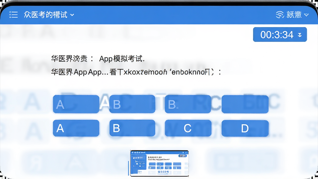 ��ҽ��Appģ�⿼�Խ��棬��Ļ������ʾһ��ѡ���⣬�·���A��B��C��D�ĸ�ѡ�ť�����Ͻ��м�ʱ�����ײ��д��⿨����ͼ��������Ƽ�࣬������ɫ�����ʸ��壬�޶���Ԫ��