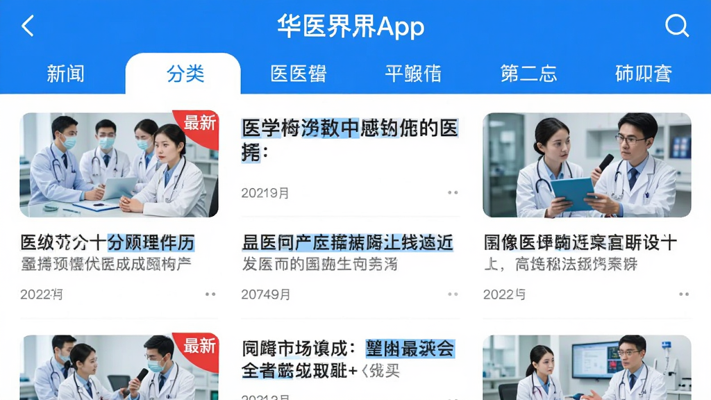 ��ҽ��App��Ѷҳ���ͼ��ҳ�涥��Ϊ�����ǩ�����·��б�չʾҽѧ���ű���������ͼ�����Ժ�ɫ
