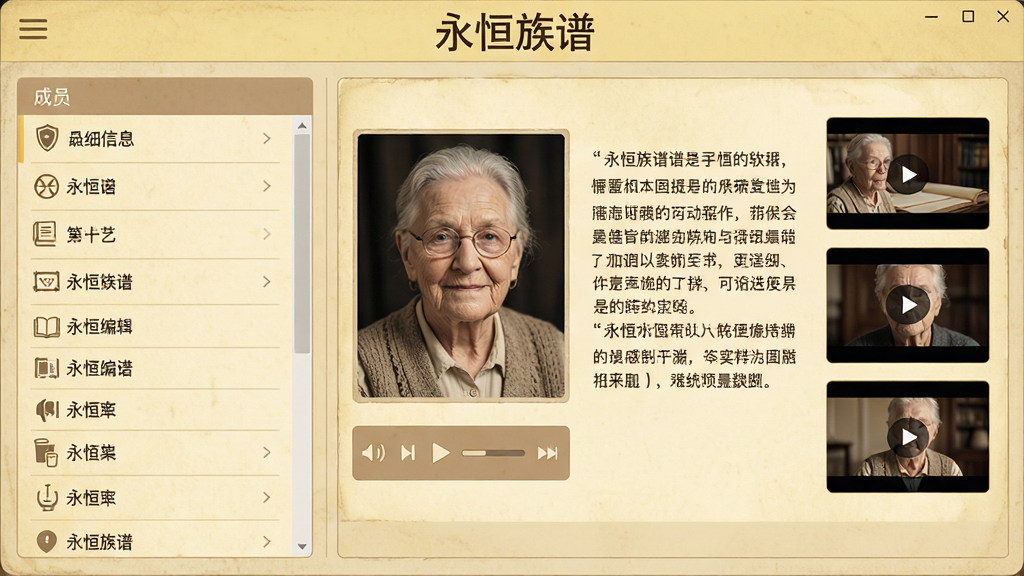���壺�������������Ķ�ý�嵵���༭���棬��Ļ��չʾһλ�곤�ߵ���Ƭ�����ֽ��ܣ��Ա�����Ƶ���ſؼ�����Ƶ����ͼ�����֣����Ϊ��Ա��ϸ��Ϣ�б����Ҳ�Ϊ��ý��Ԥ���������岼���������Ű棺�������ҷ���ʽ��ƣ���Ϣ�㼶�����������ܰ���ţ�ɫ���Ե���ɫ��ǳ��ɫΪ����������ʷ���ظС�ϸ�ڣ����涥����ʾ���������ס���������Ƭ���������ֿɶ������ʣ��߷ֱ��ʣ���Ӱ��Ȼ���ɾ��޶���Ԫ�ء�