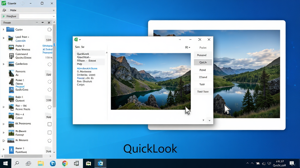 ���壺QuickLook������Windows�����ϵ�Ԥ��Ч��չʾ����Ļ����������ʾһ������ͼƬԤ�����ڣ�������չʾһ�ŷ羰��Ƭ����Ƭ�Ա��м򵥵��ļ���Ϣ�������֣����Ϊ�ļ��б����Ҳ�Ϊ����Ԥ����ͼ������Ϊ�����Windows���棬�����������ɼ����Ű棺�������16:9��Ԥ�����ھ��У��������ף����дʵ�Ƽ��磬��������������ϸ�ڣ�Ԥ�����ڱ�Ե���������Ӱ�����ָ����ͣ��ͼƬ�ϣ���Ļ�·��С�QuickLook�����������ʣ�4K���壬�ɾ����޶���Ԫ�ء�