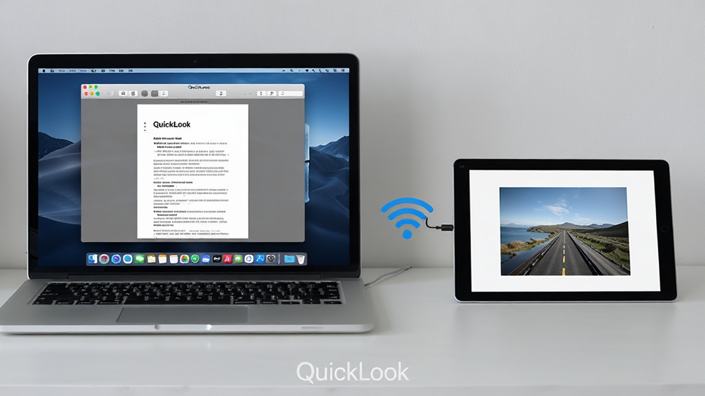 ���壺һ̨�ʼǱ�������Ļ����ʾQuickLook����Ԥ��һ��PDF�ļ����Ա���һ���ֻ���С��Windowsƽ��ͬʱ��ʾԤ��ͼƬ�����֣�����λ��������࣬ƽ��λ���Ҳ࣬����ͨ����������ͼ�����ӣ�����Ϊ�����������Ű棺���ҶԳƹ�ͼ���������������дʵ�������ϸ�ڣ�������Ļ�ϵ�Ԥ��������ʾPDF���֣�ƽ����Ļ��ʾ��Ƭ������ײ��С�QuickLook��ˮӡ�����ʣ����壬�ɾ����޶���Ԫ�ء�