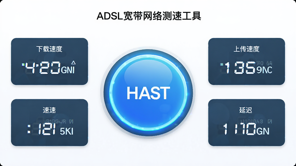 �����ǡ�ADSL����������ٹ��ߡ��ļ��������棬����Ϊ����һ������Բ�ο�ʼ��ť����Χ��ʾ�����ٶȡ��ϴ��ٶȺ��ӳ��������ݿ�Ƭ�������ˬ��ϸ�ڰ�����ť�ķ���Ч�����������ֵ����������ʸ��壬�����ɾ���