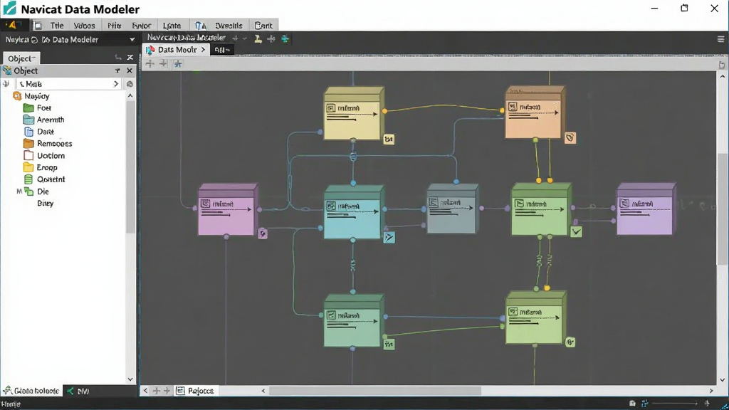 չʾNavicat Data Modeler�п��ӻ���ģ�����ͼƬ������Ϊ�������е�ʵ���ϵͼ�����������ͬ��ɫ�����ݱ�����������ߣ�����ж�����壬�ײ���״̬�������岼��רҵ���Ű����룬��������������������ɾ����޶���Ԫ�أ�ͼƬ�пɰ������֡�Navicat Data Modeler����