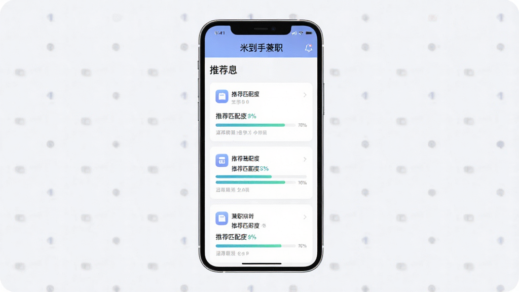 һ����ҳ�����ͼ���ͼƬ�������ǡ��׵��ּ�ְ��APP���Ƽ�ҳ�棬ҳ����չʾ�����Ƭʽ��ְ��Ϣ��ÿ�ſ�Ƭ�ϱ��С��Ƽ�ƥ��ȡ��ٷֱȽ��������������ֻ�������ʽ����չʾ������Ϊǳɫ��UI����ִ���ͼ���������Ű����룬���ʸɾ��޶���Ԫ��