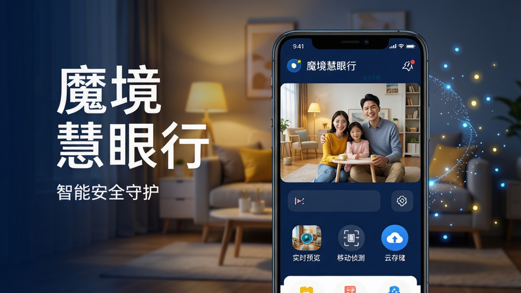 ���壺һ�������ֻ���Ļ��ʾ��ħ�������С�App�����棬��������ܰ�ļ�ͥ������ػ��棬�����������������֣��ֻ�λ�ڻ�������ƫ�ң�������״�������������д�š�ħ�������С�����������Ϊ�ִ���ʮ��İ�ɫ�޳����壬�·�һ��С�֡����ܰ�ȫ�ػ������Ű棺����������ҷ���ʽ��ͼ���ֻ�����չʾʵʱ��ػ����빦��ͼ�꣬�Ҳ��׺���ŷ���ĿƼ����ӡ���񣺿Ƽ�����������ںϣ�ɫ����������ů��Ϊ������Ӱ��ͣ�����ɾ���ϸ�ڣ��ֻ���Ļ���С�ʵʱԤ���������ƶ���⡱�����ƴ洢����ͼ�꣬���������ɶ������ʣ�8K�����壬ϸ������㣬�ɾ��޶���Ԫ�ء�