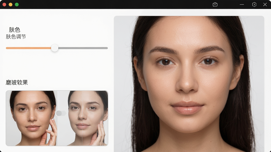 PhotoRetouch�����������չ��ܽ��棬չʾ��ɫ���ڻ��˺�ĥƤЧ���Աȣ������沿ϸ����������ɫ��Ȼ��������ֱ�ۣ����ʸ��壬�ɾ��޶���Ԫ��