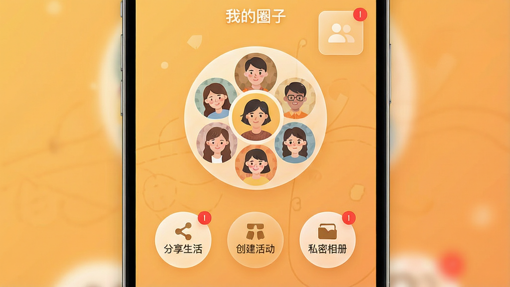 ͼƬչʾ���ҵ�Ȧ�ӡ��ֻ�Ӧ�������棬����ůɫ������������������ʾһ��Բ�κ���ͷ���ӵ��ͼ�����·��С�����������������������˽����ᡱ����Բ�ι��ܰ�ť�����岼�ּ������������ƽ������ܰ��ϸ�ڰ�����Ϣ�����ʾ��ë����Ч�������ʸ���ɾ����޶���Ԫ�ء�