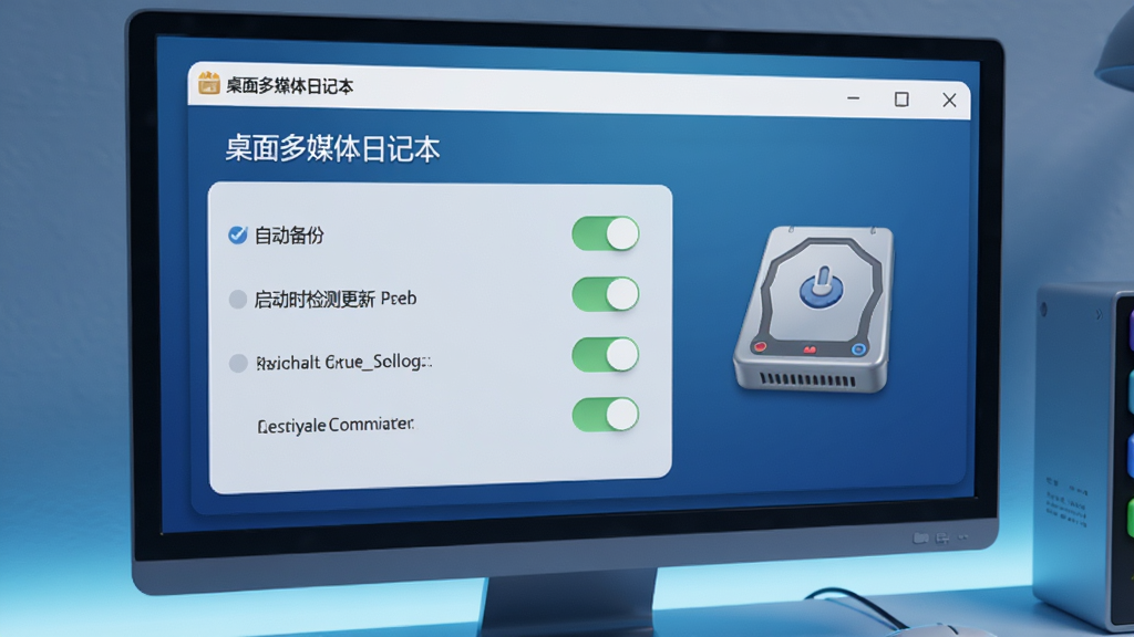 画面主体为电脑屏幕上的“桌面多媒体日记本”设置界面,界面中显示“自动备份”、“启动时检测更新”等选项开关,旁边有一个移动硬盘图标。整体布局清晰,风格为写实的3D渲染,色调偏冷色,细节体现数据安全元素,画质干净。