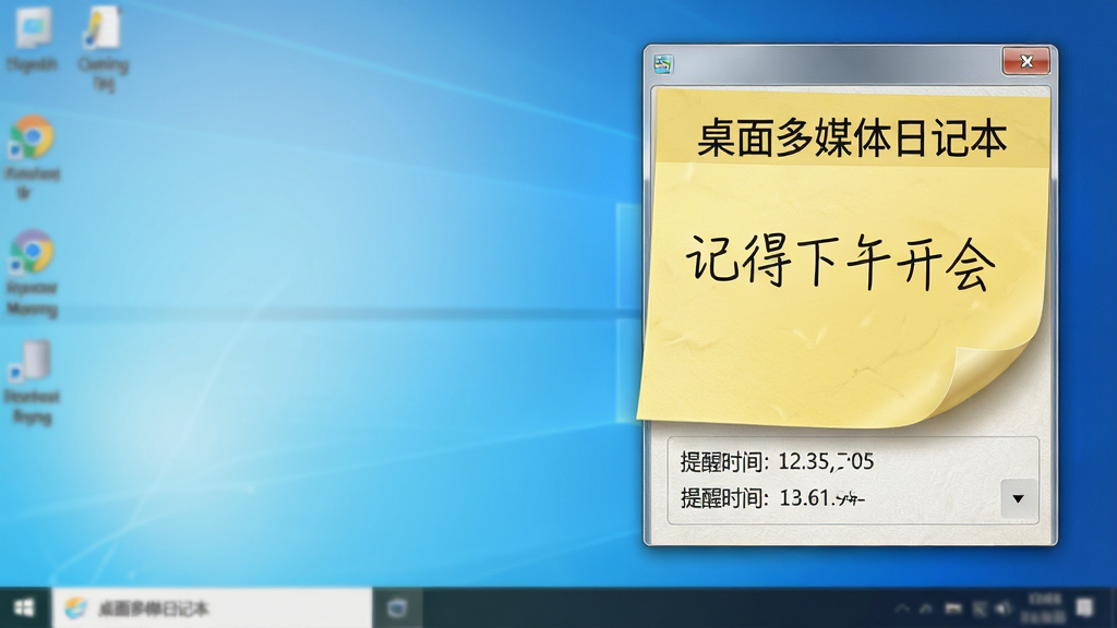 画面主体为Windows电脑桌面,桌面右上角悬浮着一个黄色便签纸样式的窗口,上面写有“桌面多媒体日记本”字样和一行手写风格的文字“记得下午开会”。便签下方有提醒时间设置,整体布局简洁清爽,风格为拟物化设计,光线柔和,细节体现便签的纸质感,画质干净无多余元素。