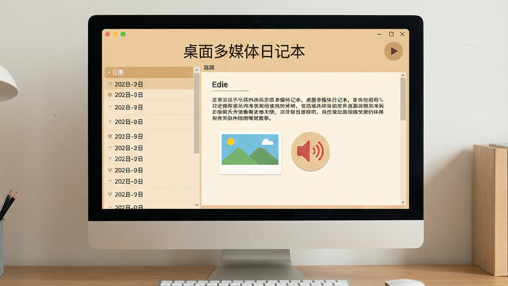 画面主体为电脑桌面,屏幕上醒目地展示“桌面多媒体日记本”主界面,界面包含左侧日期列表和右侧编辑区,编辑区有文字、图片、音频图标。整体布局清晰,采用温暖的米黄色调,风格扁平化,细节展示软件的多媒体功能图标,画质干净清晰,无多余元素。