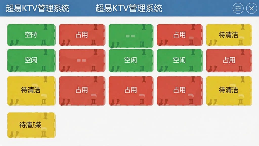 ����KTV����ϵͳ��̬�������棬��ɫ���ο������ͬ���䣬��ɫΪ���У���ɫΪռ�ã���ɫΪ����࣬�����ƽ����ƣ����ֱ�ǩ������ע������KTV����ϵͳ�������ʸɾ������ֹ���