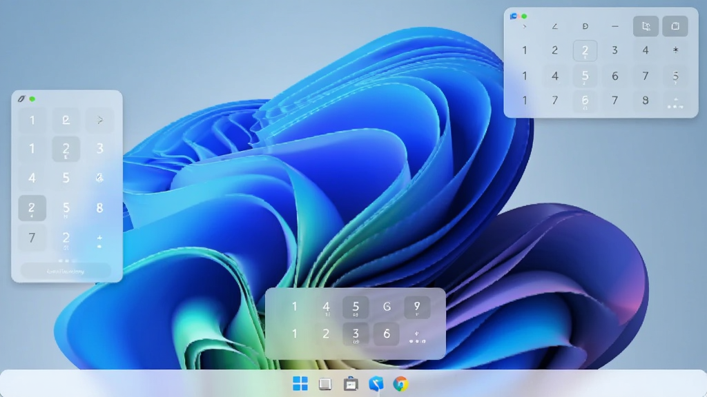 ����������Ⱦͼ��չʾCalcuTray������������Windows 11�����ϵ�����ͣ��״̬���ֱ�λ����Ļ���Ͻǡ�����Ե��ײ����룬���ڲ��ð�͸��ë����Ч�������ְ�������������Ϊɫ����͵ĳ��󽥱��ֽ��ͻ���������������������ۣ�����ϸ��ɾ����޶���Ԫ��